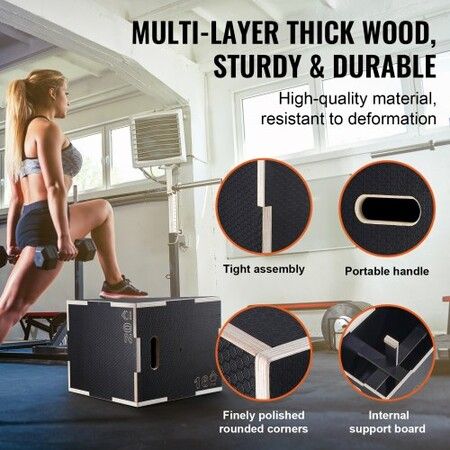 3 in 1 Plyometric Jump Box 20/18/16 Inch Wooden Plyo Box Platform & Jumping Agility Box Anti-Slip Fitness Exercise Step Up Box for Home Gym Training