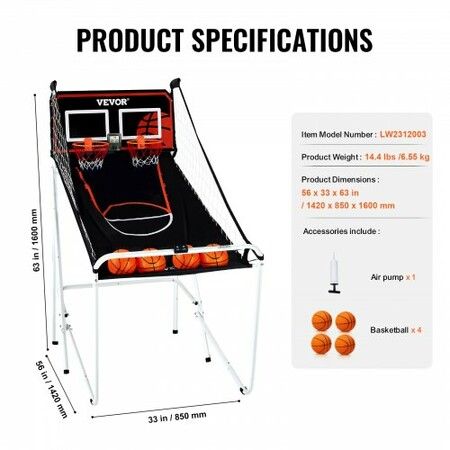 Foldable Basketball Arcade Game 2 Player Indoor Basketball Game Home Dual Shot Sport with 4 Balls 8 Game Modes LCD Electronic Scoreboard and Inflation Pump