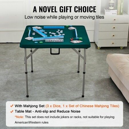 Mahjong Table with Mahjong Tiles Set Fold-in-Half 4 Player Card Table with 144PCS Majiang Tiles and 3 Dice Portable Bi-Folding Domino Table