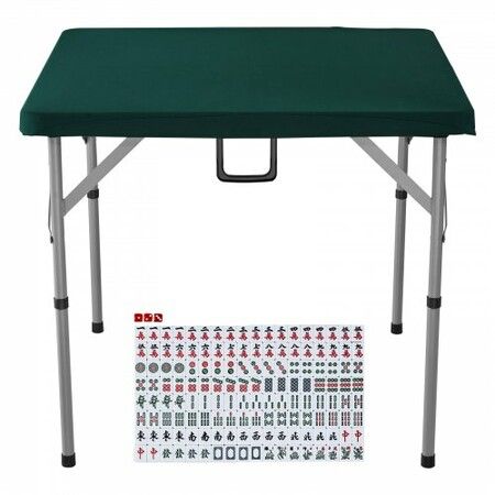 Mahjong Table with Mahjong Tiles Set Fold-in-Half 4 Player Card Table with 144PCS Majiang Tiles and 3 Dice Portable Bi-Folding Domino Table