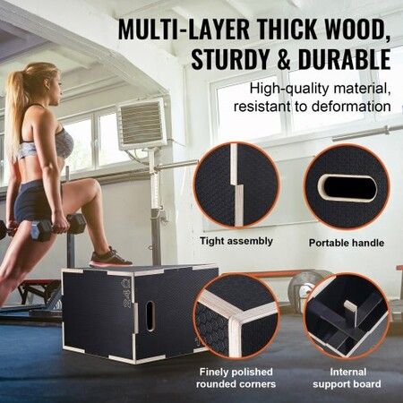 3 in 1 Plyometric Jump Box 24/20/16 Inch Wooden Plyo Box Platform & Jumping Agility Box Anti-Slip Fitness Exercise Step Up Box for Home Gym Training