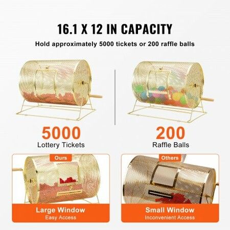 Raffle Drum 16.1 x Ø12 inch Brass Plated Raffle Ticket Spinning Cage Holds 5000 Tickets or 200 Ping Pong Balls Metal Lottery Spinning Drawing with Wooden