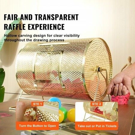 Raffle Drum 16.1 x Ø12 inch Brass Plated Raffle Ticket Spinning Cage Holds 5000 Tickets or 200 Ping Pong Balls Metal Lottery Spinning Drawing with Wooden