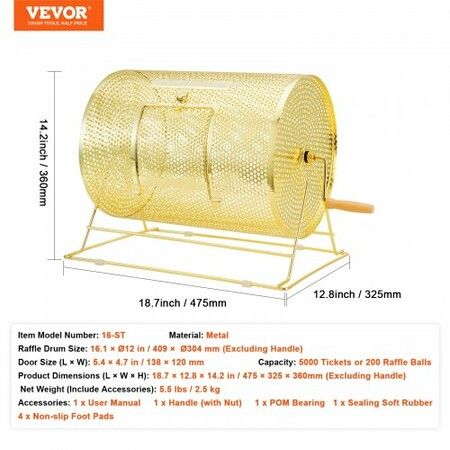 Raffle Drum 16.1 x Ø12 inch Brass Plated Raffle Ticket Spinning Cage Holds 5000 Tickets or 200 Ping Pong Balls Metal Lottery Spinning Drawing with Wooden