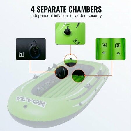 Inflatable Boat 3-Person Inflatable Fishing Boat Strong PVC Portable Boat Raft Kayak 1158 mm Aluminum Oars High-Output Pump Fishing Rod Holders