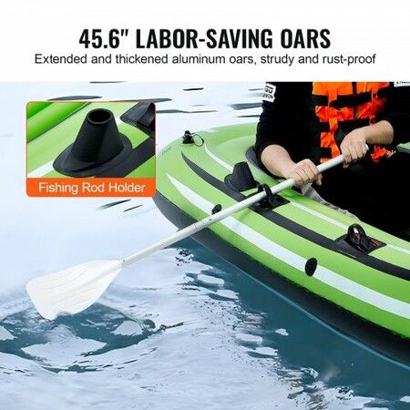 Inflatable Boat 3-Person Inflatable Fishing Boat Strong PVC Portable Boat Raft Kayak 1158 mm Aluminum Oars High-Output Pump Fishing Rod Holders