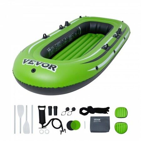 Inflatable Boat 3-Person Inflatable Fishing Boat Strong PVC Portable Boat Raft Kayak 1158 mm Aluminum Oars High-Output Pump Fishing Rod Holders