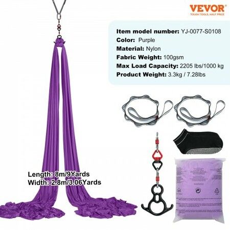 Aerial Silk & Yoga Swing 8 m Length Aerial Yoga Hammock Kit with 100gsm Nylon Fabric Full Rigging Hardware & Easy Set-up Guide Antigravity Flying