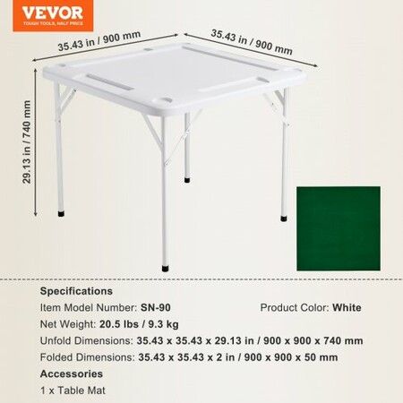 Mahjong Table 4 Player Folding Domino Table with Wear-Resistant Green Tabletop Portable Square Card Table with 4 Cup Holders & 4 Chip Trays