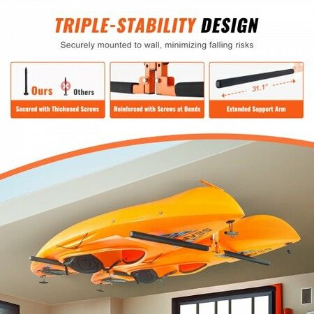 Kayak Storage Rack Ceiling Mounted Ceiling Storage Rack for 2 Kayak Canoe SUP Adjustable Height Overhead Kayak Holder Hanger with Padded Arms