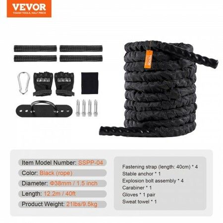 Battle Rope 1.5" 40Ft Gym Workout Strength Training Exercise Fitness Rope