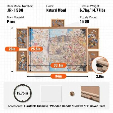 1500 Piece Puzzle Board with 6 Drawers and Cover Rotating Wooden Jigsaw Puzzle Plateau Portable Puzzle Accessories Puzzle Organizer & Puzzle Storage