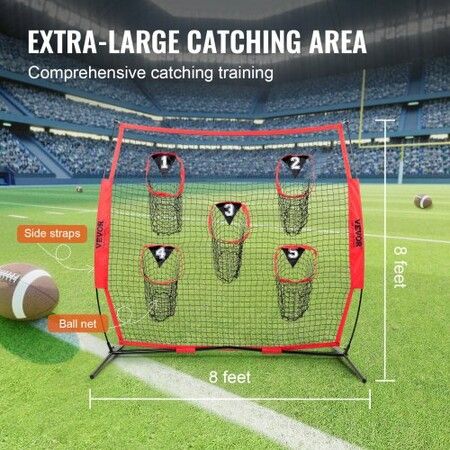 8 x 8 ft Football Trainer Throwing Net Training Throwing Target Practice Net with 5 Target Pockets Knotless Net Includes Bow Frame and Portable Carry Case