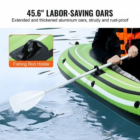 Inflatable Boat 2-Person Inflatable Fishing Boat Strong PVC Portable Boat Raft Kayak Includes 1158mm Aluminum Oars High-Output Pump and Fishing Rod Holders