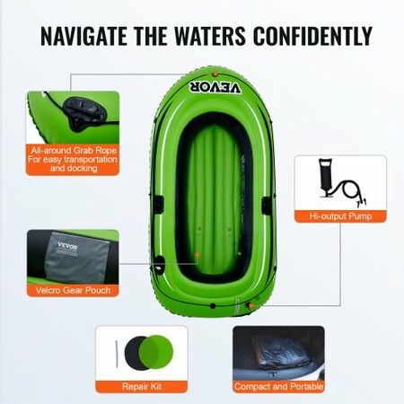 Inflatable Boat 2-Person Inflatable Fishing Boat Strong PVC Portable Boat Raft Kayak Includes 1158mm Aluminum Oars High-Output Pump and Fishing Rod Holders