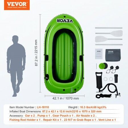 Inflatable Boat 2-Person Inflatable Fishing Boat Strong PVC Portable Boat Raft Kayak Includes 1158mm Aluminum Oars High-Output Pump and Fishing Rod Holders