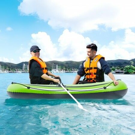 Inflatable Boat 2-Person Inflatable Fishing Boat Strong PVC Portable Boat Raft Kayak Includes 1158mm Aluminum Oars High-Output Pump and Fishing Rod Holders