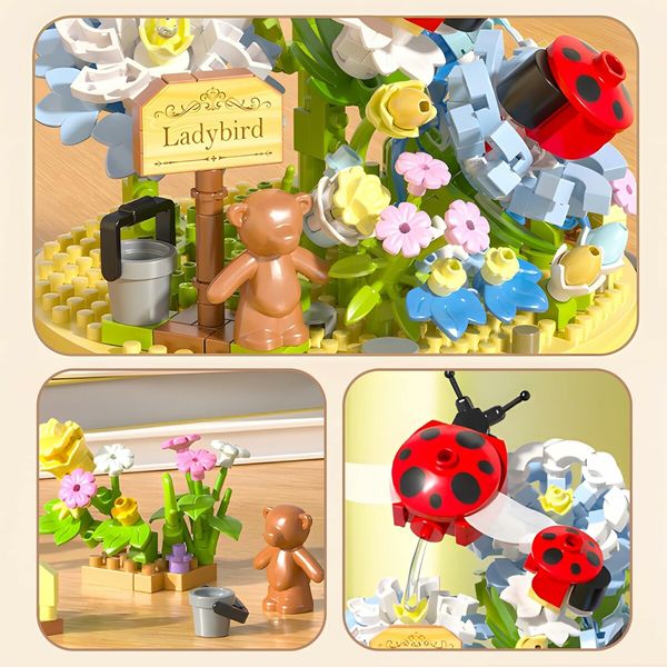 Flower Ladybug Bouquet Building Block Set, Micro Mini Botanical Building Toy for Women, 596 PCS