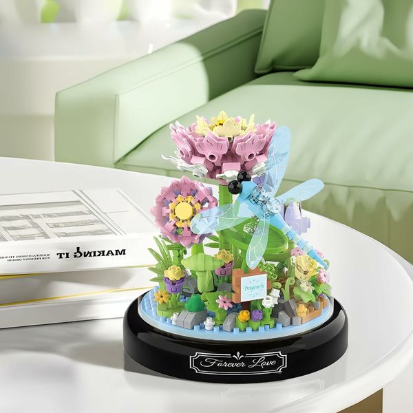 Flower Dragonfly Bouquet Building Block Set, Micro Mini Botanical Building Toy for Women, 568 PCS