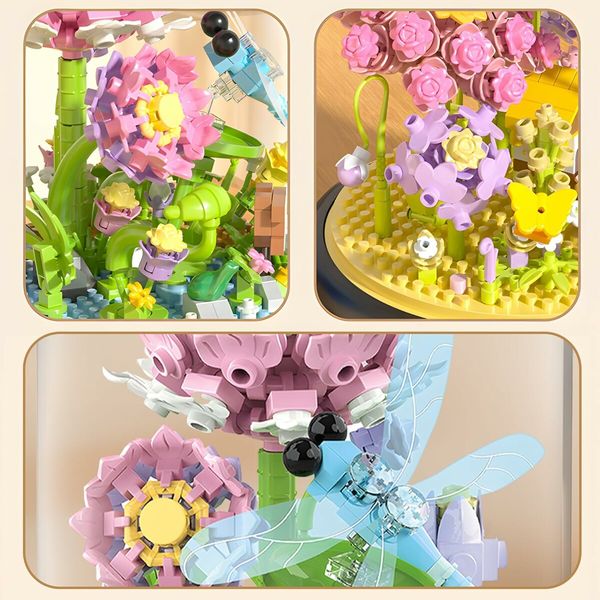 Flower Dragonfly Bouquet Building Block Set, Micro Mini Botanical Building Toy for Women, 568 PCS