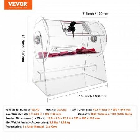 Acrylic Raffle Drum Holds 2500 Tickets or 100 Raffle Balls Professional Raffle Ticket Spinning Cage with 2 Keys Transparent Lottery Spinning Drawing Raffle