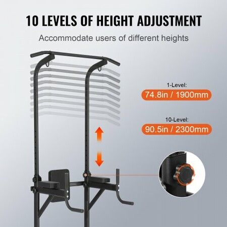 Power Tower with Bench 10-Level Height Adjustable Pull Up Bar Stand Dip Station & Detachable Bench Fitness Equipment with Backrest Elbow Pads 440LBS