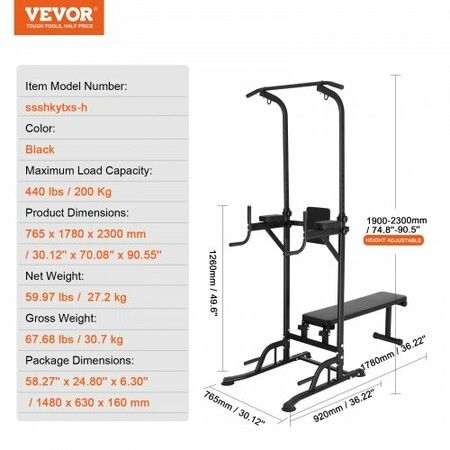 Power Tower with Bench 10-Level Height Adjustable Pull Up Bar Stand Dip Station & Detachable Bench Fitness Equipment with Backrest Elbow Pads 440LBS