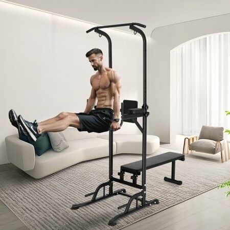 Power Tower with Bench 10-Level Height Adjustable Pull Up Bar Stand Dip Station & Detachable Bench Fitness Equipment with Backrest Elbow Pads 440LBS