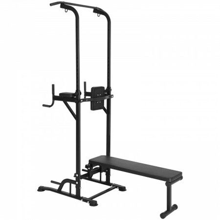 Power Tower with Bench 10-Level Height Adjustable Pull Up Bar Stand Dip Station & Detachable Bench Fitness Equipment with Backrest Elbow Pads 440LBS