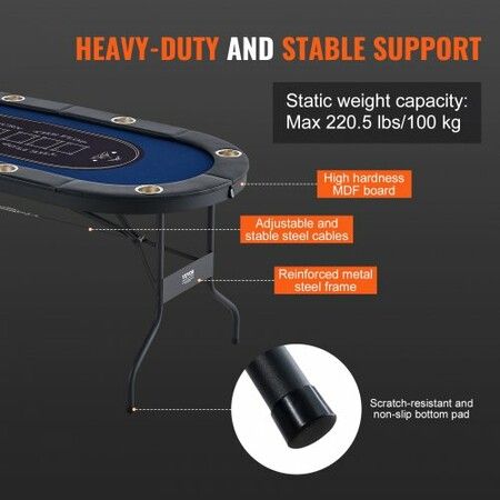 8 Player Foldable Poker Table Blackjack Texas Holdem Poker Table w Padded Rails & Stainless Steel Cup Holders Portable Folding Card Board Game Table 183cm