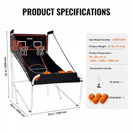 Foldable Basketball Arcade Game 2 Player Indoor Basketball Game Home Dual Shot Sport with 5 Balls 8 Game Modes Electronic Scoreboard and Inflation Pump