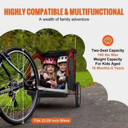 Bike Trailer for Toddlers Kids Double Seat 45 kg Load 2-In-1 Canopy Carrier Converts to Stroller Tow Behind Foldable Child Bicycle Trailer