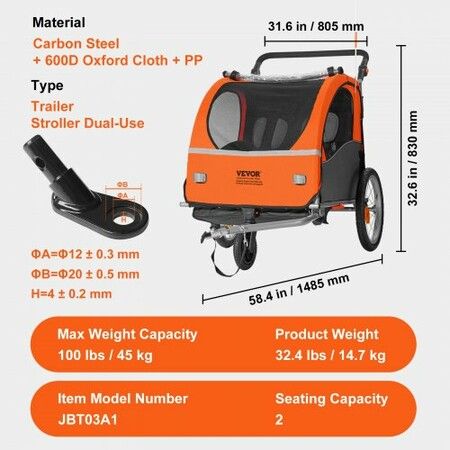 Bike Trailer for Toddlers Kids Double Seat 45 kg Load 2-In-1 Canopy Carrier Converts to Stroller Tow Behind Foldable Child Bicycle Trailer