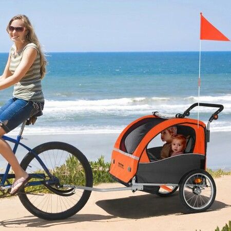 Bike Trailer for Toddlers Kids Double Seat 45 kg Load 2-In-1 Canopy Carrier Converts to Stroller Tow Behind Foldable Child Bicycle Trailer