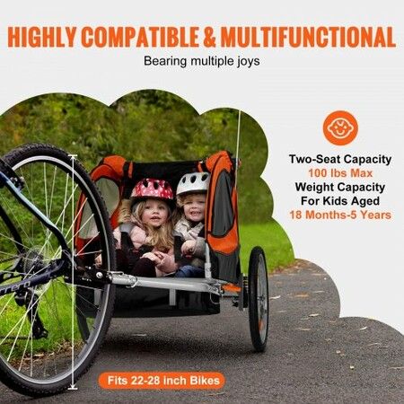 Bike Trailer for Toddlers Kids Double Seat 45 kg Load 2-In-1 Canopy Carrier Converts to Stroller Tow Behind Foldable Child Bicycle Trailer