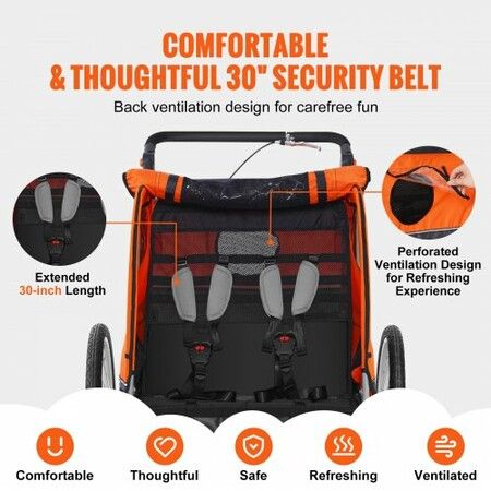 Bike Trailer for Toddlers Kids Double Seat 45 kg Load 2-In-1 Canopy Carrier Converts to Stroller Tow Behind Foldable Child Bicycle Trailer