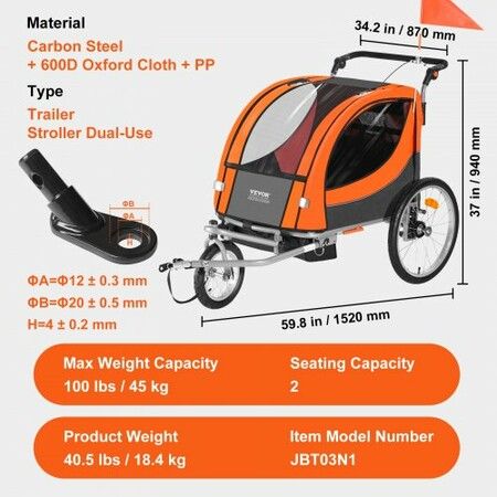 Bike Trailer for Toddlers Kids Double Seat 45 kg Load 2-In-1 Canopy Carrier Converts to Stroller Tow Behind Foldable Child Bicycle Trailer