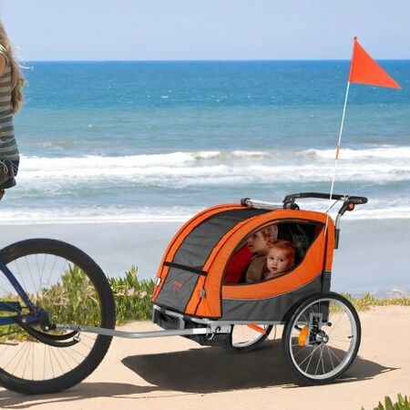 Bike Trailer for Toddlers Kids Double Seat 45 kg Load 2-In-1 Canopy Carrier Converts to Stroller Tow Behind Foldable Child Bicycle Trailer