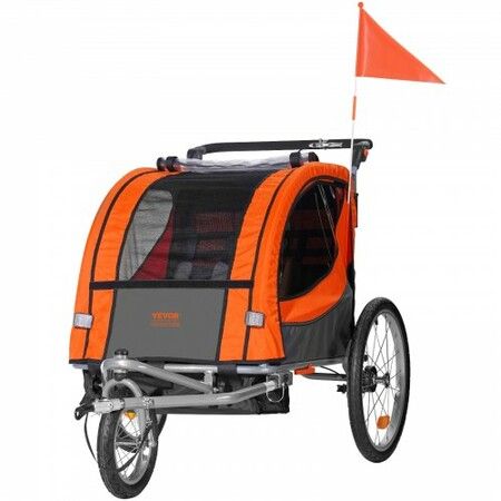 Bike Trailer for Toddlers Kids Double Seat 45 kg Load 2-In-1 Canopy Carrier Converts to Stroller Tow Behind Foldable Child Bicycle Trailer