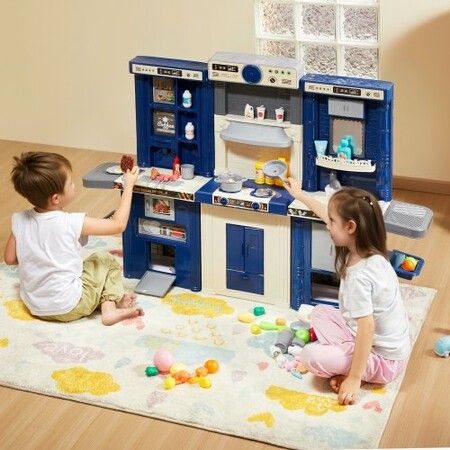 Kitchen Playset Kids Pretend Cooking Play Toy 74 Piece Accessories Blue