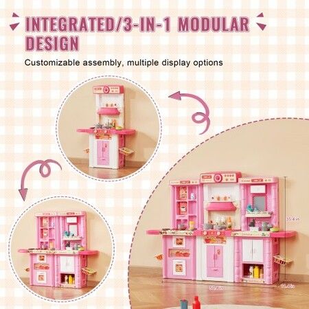 Kitchen Playset Kids Pretend Cooking Play Toy 74 Piece Accessories Pink