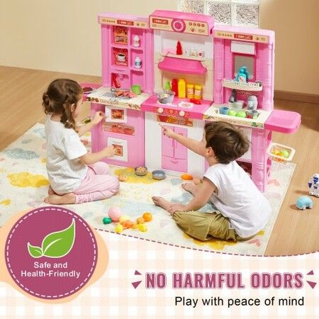 Kitchen Playset Kids Pretend Cooking Play Toy 74 Piece Accessories Pink