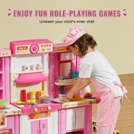 Kitchen Playset Kids Pretend Cooking Play Toy 74 Piece Accessories Pink