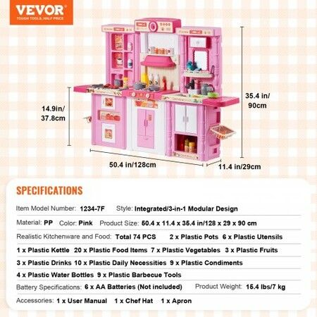 Kitchen Playset Kids Pretend Cooking Play Toy 74 Piece Accessories Pink