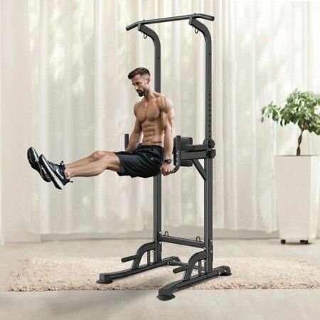 Power Tower Dip Station 10-Level Height Adjustable Pull Up Bar Stand Multi-Function Home Gym Strength Training Fitness Workout Equipment with 7-Level