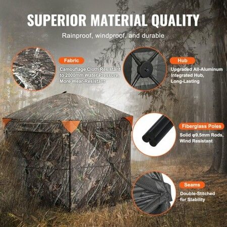 Hunting Blind 288degree See Through Ground Blind 6-7 Person Pop Up Deer Blind with Carrying Bag Portable Resilient Hunting Tent 4 Horizontal Windows