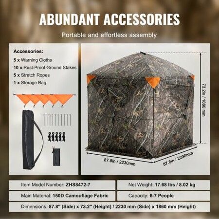 Hunting Blind 288degree See Through Ground Blind 6-7 Person Pop Up Deer Blind with Carrying Bag Portable Resilient Hunting Tent 4 Horizontal Windows