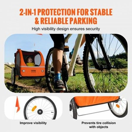 Bike Trailer for Toddlers Kids Double Seat 45 kg Load 2-In-1 Canopy Carrier Converts to Stroller Tow Behind Foldable Child Bicycle Trailer