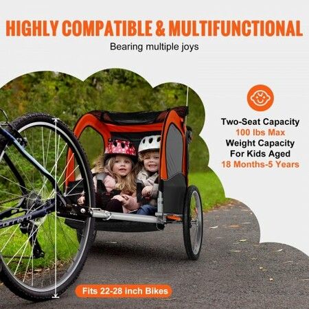 Bike Trailer for Toddlers Kids Double Seat 45 kg Load 2-In-1 Canopy Carrier Converts to Stroller Tow Behind Foldable Child Bicycle Trailer