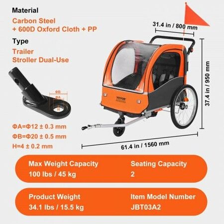 Bike Trailer for Toddlers Kids Double Seat 45 kg Load 2-In-1 Canopy Carrier Converts to Stroller Tow Behind Foldable Child Bicycle Trailer